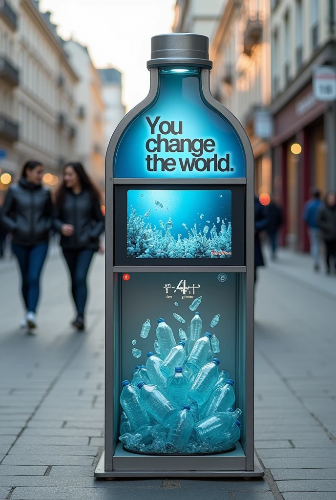 Make a metal collection point on a street in the shape of a bottle with the phrase in the upper middle: You can change the world, followed by an image of environmental pollution from plastic bottles and below a screen followed by a rectangular monitor that tells the time and below a transparent space where the bottles can be seen