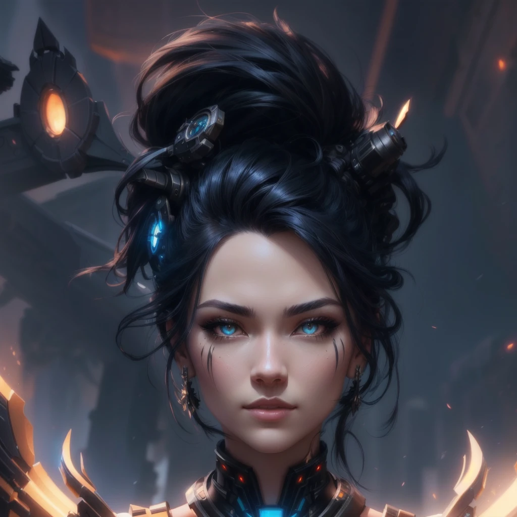 raven style hairs, Mechanical raven head with hairs, sci-fi, a close up of a woman - sci-FI queen of the raven with a sci fiorer on her face, Mechanical raven IN HAIRS, fiol glowing eyes, hd , cinematic, cinematic light, dinamic,  rossdraws portrait, fantasy concept art portrait, wojtek fus, rossdraws 2. 0, rossdraws 1. 0, rossdraws digital painting, epic fantasy digital art style, cgsociety portrait, rossdraws global illumination, :: rossdraws, alexandra fomina artstation