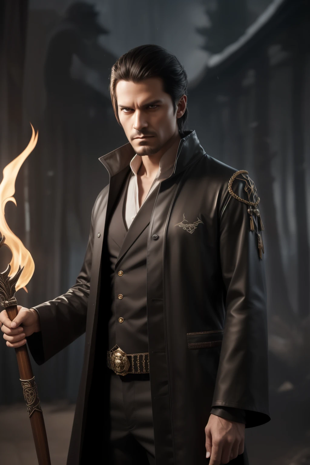 A man, holding a black sickle decorated with Japanese symbols meaning death, a black flame coming out of the decoration, the edges of the sickle come out of it black winds with ghosts of skulls, the best Judy for the face and sickle The man is wearing appropriate clothes of sickle steel, the man's hair is black, the man is the embodiment of the shinigami, (the background of the CG 8k module is very detailed) (best quality), (best illustration), (best shades), very detailed t