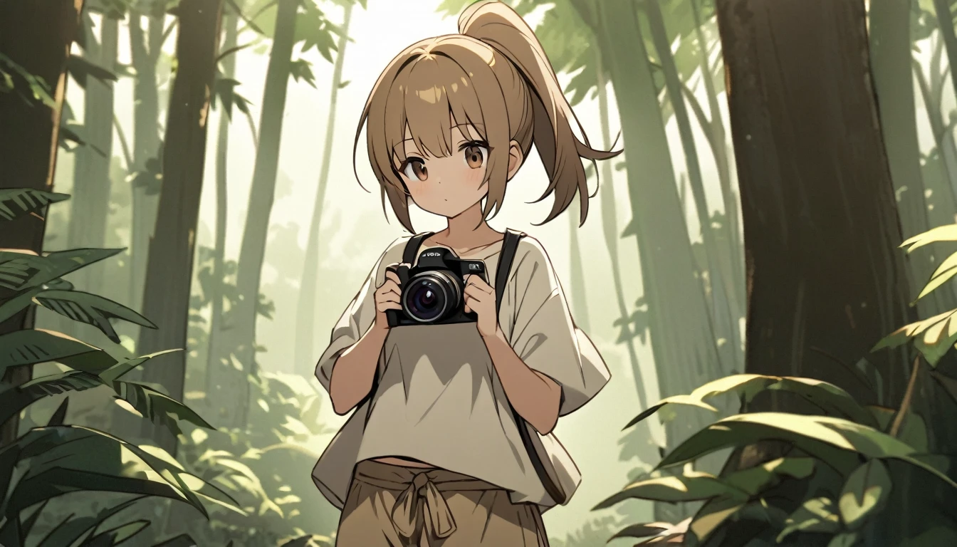 Solitary, 1 female, brown high ponytail,Brown eyes,Short stature,Loose white top,Light brown loose pants skirt,Black leather shoes,Carry a single-lens camera,In the forest,shot,