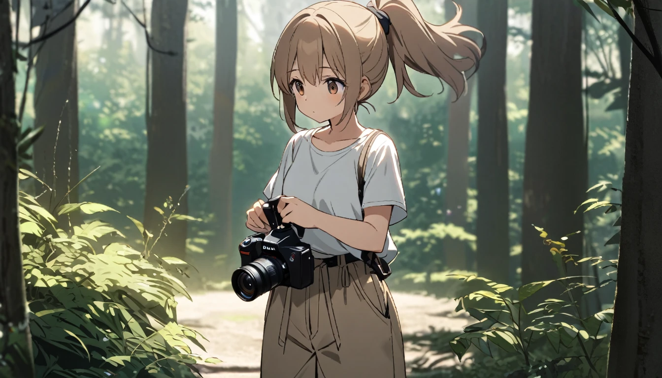 Solitary, 1 female, brown high ponytail,Brown eyes,Short stature,Loose white top,Light brown loose pants skirt,Black leather shoes,Carry a single-lens camera,In the forest,shot,
