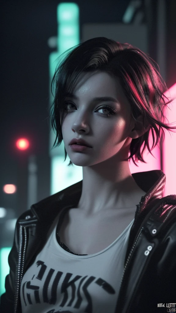 A young punk girl, short hair, winter clothes, beautiful detailed eyes, beautiful detailed lips, extremely detailed eyes and face, long eyelashes, punk outfit, cyberpunk style, neon city background, moody lighting, cinematic, vibrant colors, masterpiece, (best quality,4k,8k,highres,masterpiece:1.2),ultra-detailed,(realistic,photorealistic,photo-realistic:1.37)