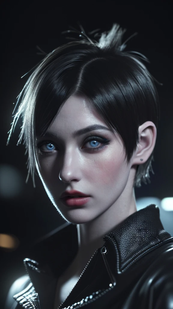 A young punk girl, short hair, winter clothes, beautiful detailed eyes, beautiful detailed lips, extremely detailed eyes and face, long eyelashes, punk outfit, cyberpunk style, neon city background, moody lighting, cinematic, vibrant colors, masterpiece, (best quality,4k,8k,highres,masterpiece:1.2),ultra-detailed,(realistic,photorealistic,photo-realistic:1.37)