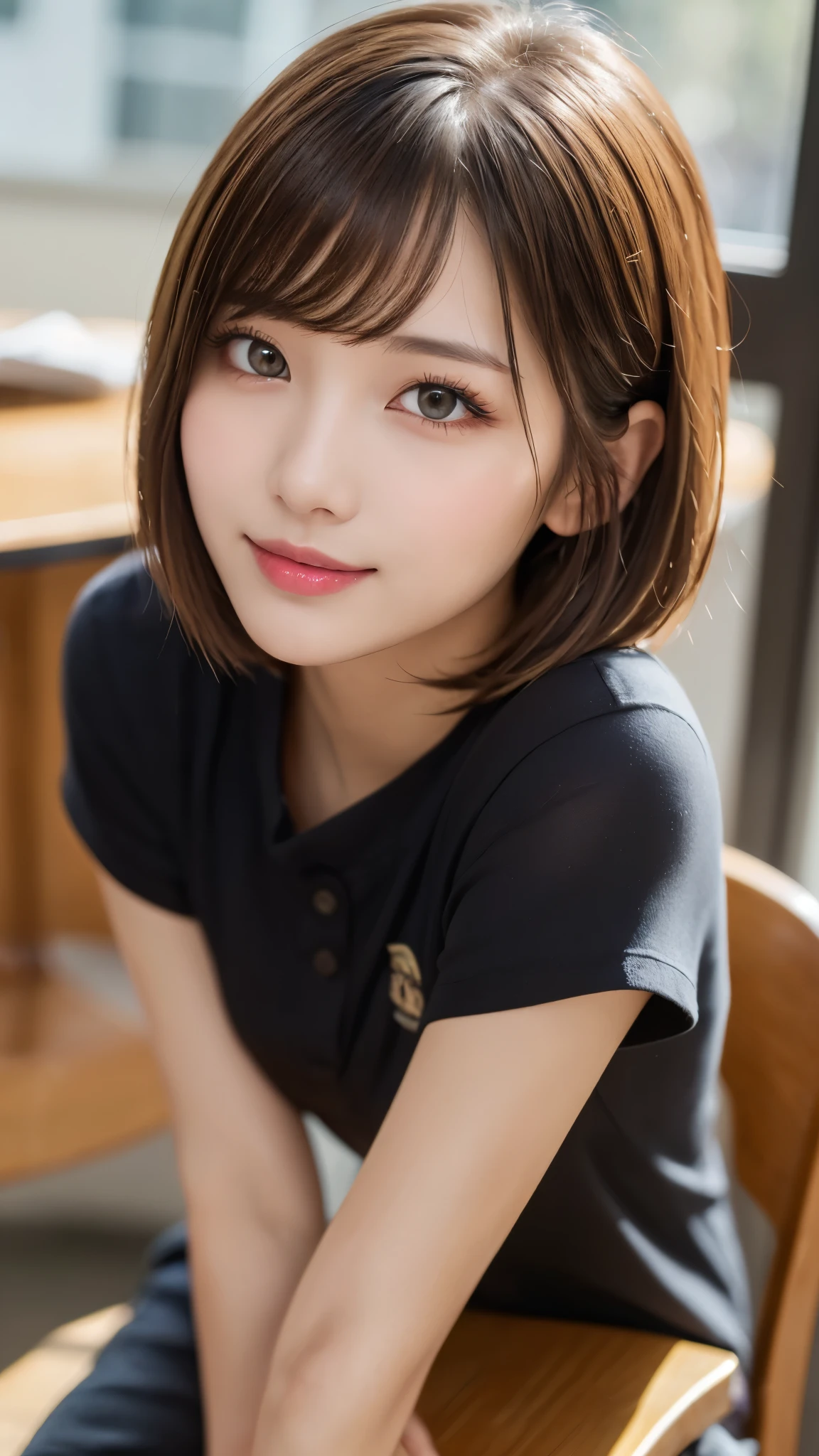 (masterpiece:1.3), (16k, photorealistic, RAW photo, best quality: 1.4),absurdres, attractive, ultra high resolution, ultra realistic, highly detailed, golden ratio, ultra detailed, super fucking beautiful detailed face, natural makeup, detailed cloth texture, detailed hair texture, beautiful detailed fullbody, Perfect female body, accurate, Anatomically correct, Highly detailed face and skin texture, (beautiful hands), (realistic skin), (beautiful pale skin:1.1), (Perfect dynamic composition, looking at viewer, full body shot),(Straddling a chair:1.3),
BREAK,
realistic eyes, beautiful detailed eyes, symmetric eyes, Light Brown eyes, Double eyelids, Thin eyebrows, (Glossy lips:1.4), (Seductive expression:1.3), (beautiful smile:1.1), (blush:1.2),
BREAK,
((short hair, bob, Dark blonde hair, bangs:1.2)), (High school, high school girl, school uniform:1.3)