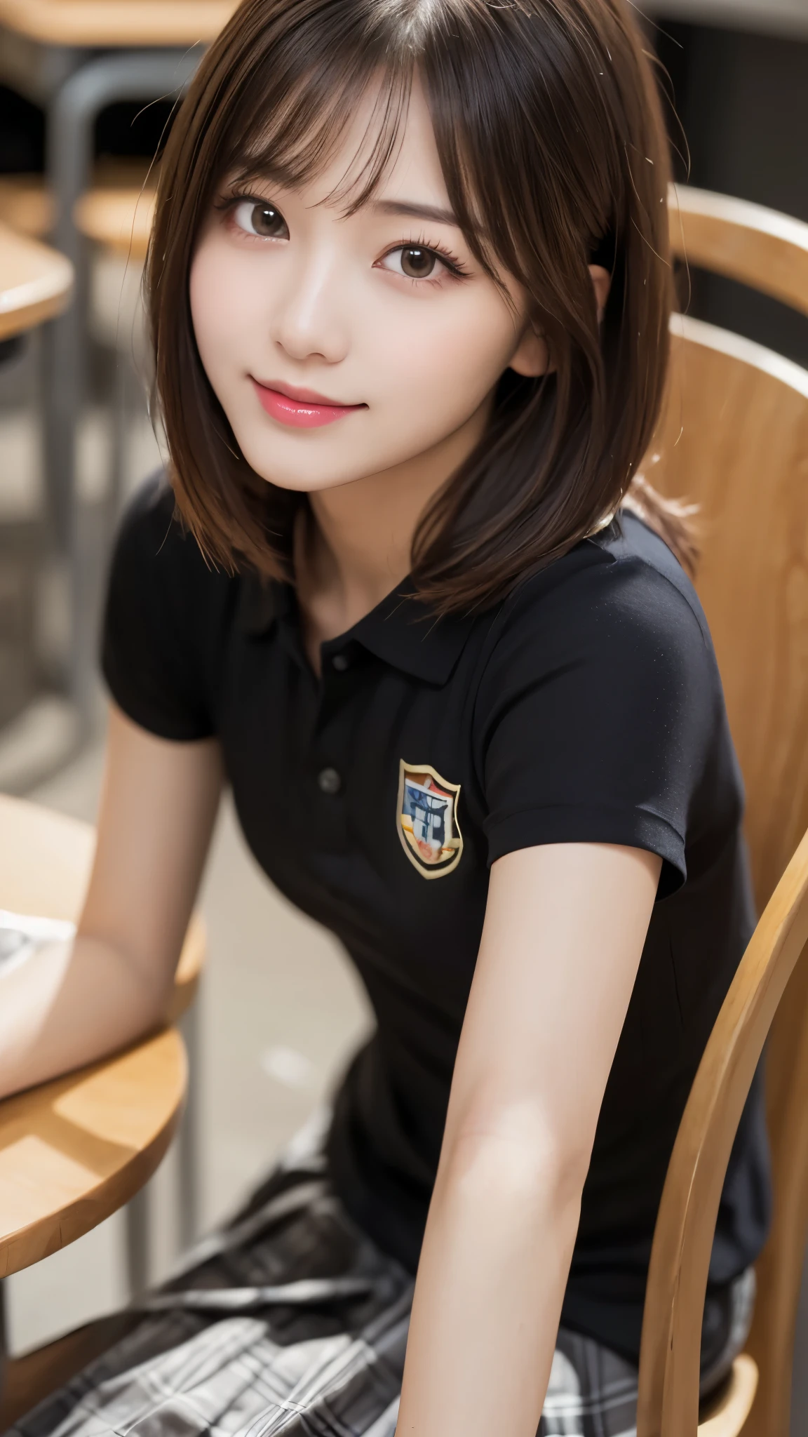(masterpiece:1.3), (16k, photorealistic, RAW photo, best quality: 1.4),absurdres, attractive, ultra high resolution, ultra realistic, highly detailed, golden ratio, ultra detailed, super fucking beautiful detailed face, natural makeup, detailed cloth texture, detailed hair texture, beautiful detailed fullbody, Perfect female body, accurate, Anatomically correct, Highly detailed face and skin texture, (beautiful hands), (realistic skin), (beautiful pale skin:1.1), (Perfect dynamic composition, looking at viewer, full body shot),(Straddling a chair:1.3),  
BREAK, 
realistic eyes, beautiful detailed eyes, symmetric eyes, Light Brown eyes, Double eyelids, Thin eyebrows, (Glossy lips:1.4), (Seductive expression:1.3), (beautiful smile:1.1), (blush:1.2), 
BREAK, 
((short hair, bob, Dark blonde hair, bangs:1.2)), (High school, high school girl, school uniform:1.3)