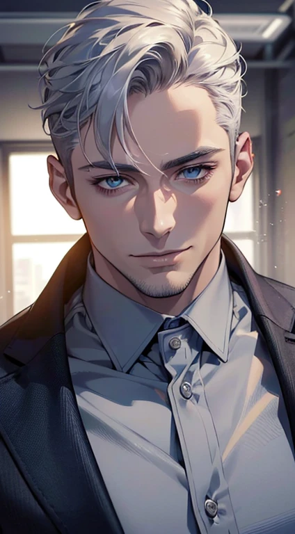 (best quality,4k,8k,highres,masterpiece:1.2),ultra-detailed,(realistic,photorealistic,photo-realistic:1.37),1 man,31 years old,mature man,very handsome,without expression,smile,short white hair,blue eyes,penetrating gaze,perfect face without errors,imposing posture,businessman,office background,cinematic lighting,hdr image