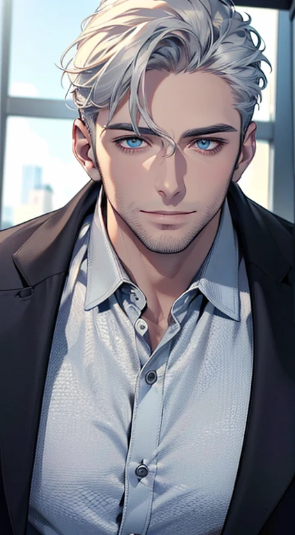 (best quality,4k,8k,highres,masterpiece:1.2),ultra-detailed,(realistic,photorealistic,photo-realistic:1.37),1 man,31 years old,mature man,very handsome,without expression,smile,short white hair,blue eyes,penetrating gaze,perfect face without errors,imposing posture,businessman,office background,cinematic lighting,hdr image