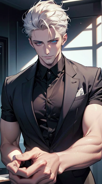 (best quality,4k,8k,highres,masterpiece:1.2),ultra-detailed,(realistic,photorealistic,photo-realistic:1.37),1 man,31 years old,mature man,very handsome,without expression,smile,short white hair,blue eyes,penetrating gaze,perfect face without errors,imposing posture,businessman,office background,cinematic lighting,hdr image