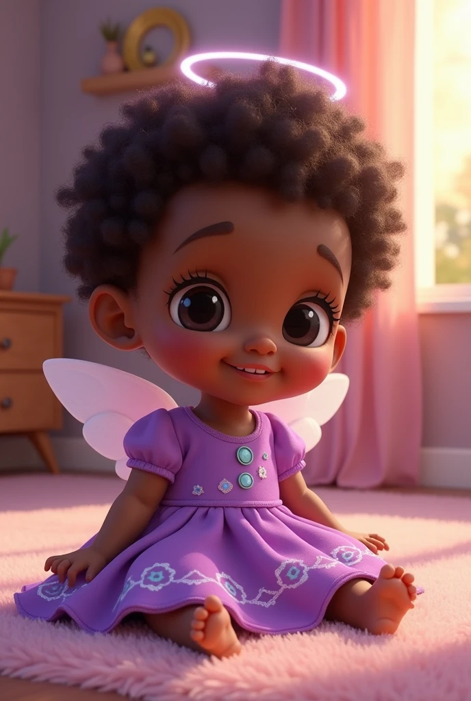 One-year-old black baby sitting in a purple dress, Disney cartoon