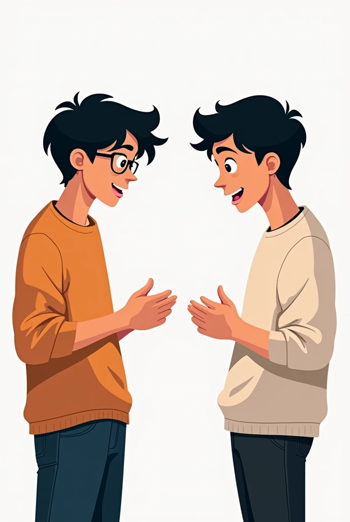 2 teenage boys are chatting, 1 with glasses has black hair and the one without glasses has black hair. Graphic-like image without background