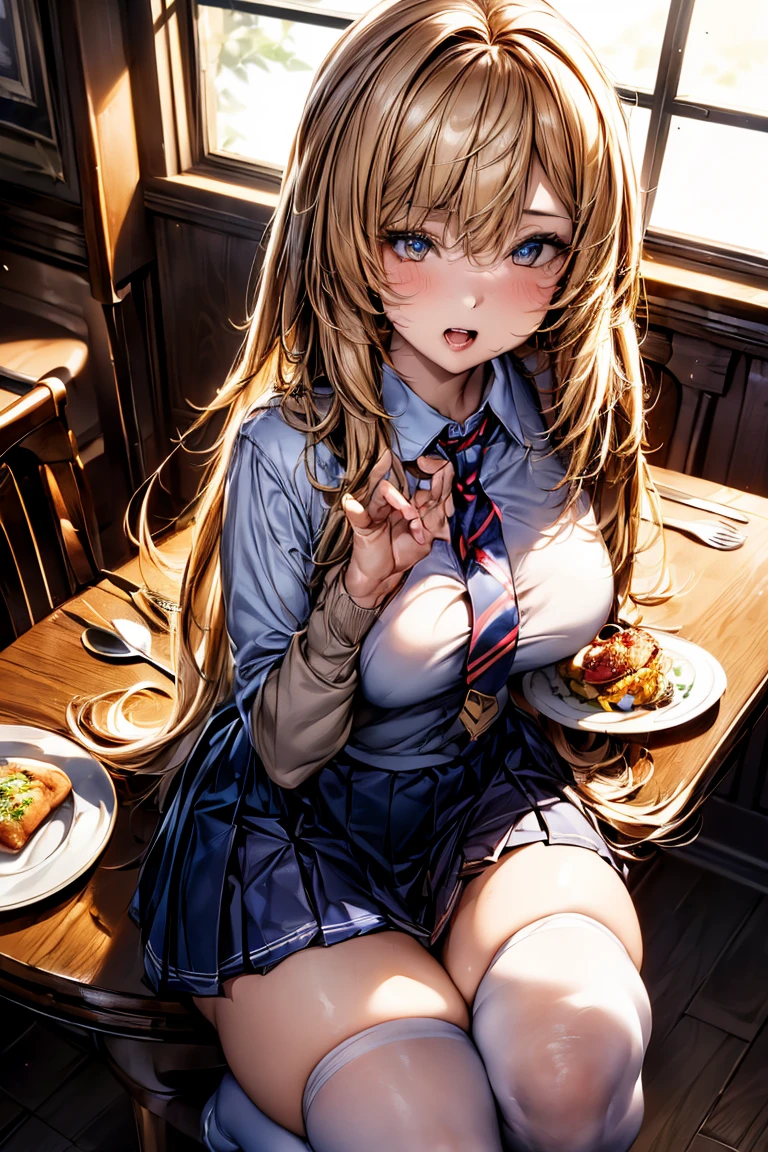 Browsing Caution,(((restaurant))),((Sit on a chair)),Chairs and tables are separate々is,View from the other side of the table,((Eating with a spoon)),((Plate on the table,Food on a plate)),(Highest quality, 8k, masterpiece:1.3,beautiful girl),(((Woman 1))) (Very detailed)Glowing Skin,(((Long Hair,blonde,Beautiful Hair))),(Perfect Anatomy, Anatomically correct, Very detailed肌),((Golden Eyes)),((Perfect Fingers,Five Fingers)),((Light blue collared shirt, Navy pleated mini skirt, socks, Navy tie, Light brown cardigan, White knee socks)),Pink Panties, Knee-high socks,Knee-high socks on both feet,Double teeth,(((Heart symbol on eye))),Big Breasts,Big Ass,noon,Light pours in through the window,Top view