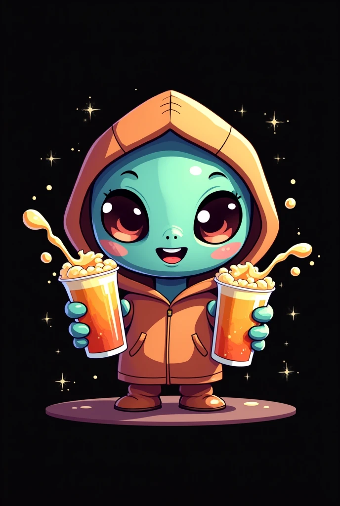 logo, with a happy hooded ET , black backdrop, holding two glasses of drinks, spilling liquids on the floor.