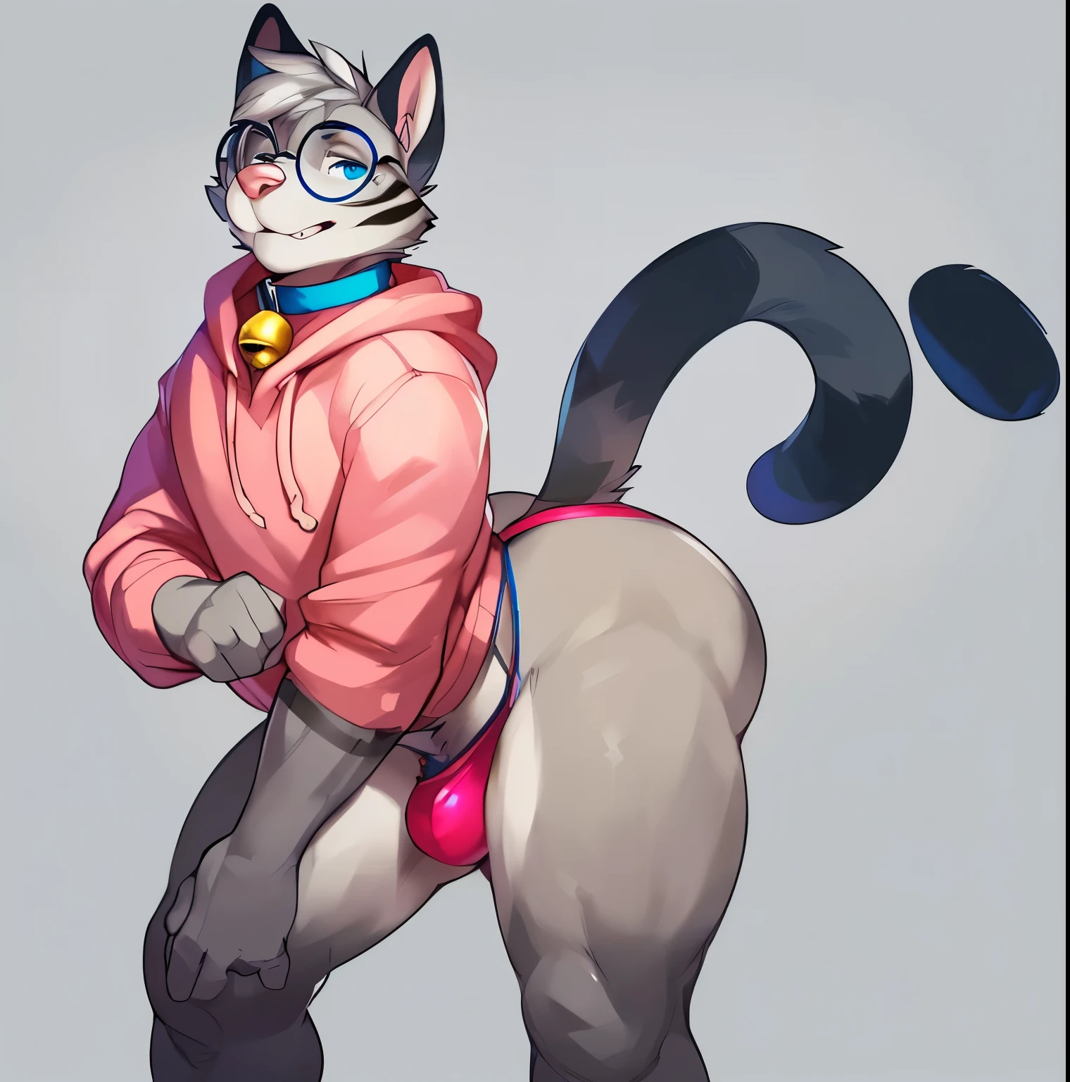 Solo, male ((( egyptian mau, feline, blue eyes, blue iris, black pupils, highlights, athletic, grey body, grey fur, white fur, grey hair, dipstick ears, ear markings, dark grey markings, blue collar, bell collar, cheek tuft, cheeks fluff, pink nose, glasses, round glasses, tail, big butt, pink thong, bulge))) bedroom, pink pullover hoodie, striped thighs, full body, perfect anatomy, by darkgem, by mystikfox61, by glitter trap boy