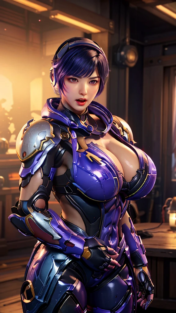 vonnyfelicia, CLOSE UP UPPER BODY, solo, COWBOY SHOT PORTRAIT, lightning auras tekken, ((HEADSET GAMING HEADPHONE, MULTIPLE COLOR SHORT HAIR:1.4)), (GIGANTIC ROUND BREASTS, K-CUP SIZE BREASTS, SQUEEZE CLEAVAGE TOP, 11 LINE ABS:1.5), (TIGHT purple FUTURISTIC HUMANOID MECHA OVERWATCH ARMOR:1.5), (MUSCULAR BODY SHAPE:1.5), (CLEAN GLOSSY BODYSKIN:1.5), (LOOKING AT VIEWER:1.6), (BACKGROUND FUTURISTIC SPACE STATION:1), (Photorealsitic:1.5), (Ultra-detail), (TOP-QUALITY), (BEST SHADOWS), BRIGHT LIGHT IN ROOM, HYPER TEXTURE, (4X MSAA), ((UNREAL ENGINE 5 RENDER)), (NEON), PHYSICALLY-BASED RENDERING, ULTRA HIGHT DEFINITION, 16K, 1080P.