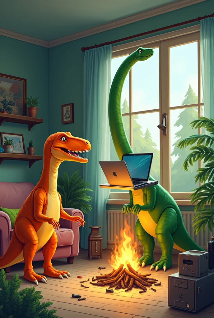 Drawing of an orange Velociraptor and a green Brachiosaurus roasting computers each in their homes