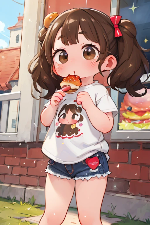 masterpiece, Very detailedな, Highest quality, Beautiful Gal, Sparkling eyes, A hamburger eaten with both hands, Eat a big burger with both hands，Very detailed，High resolution，masterpiece，16K，(Light brown hair)，((Brown eyes))，Short black hair in twin tails，iris，Blunt bangs，freckles，Very short，Thick eyebrows，Very small ass，Flat Chest，Very thin thighs，Oversized white printed t-shirt，Denim mini skirt，(eat delicious hamburger:1.3)，(blush)，surely:Accurate and detailed female fingers，