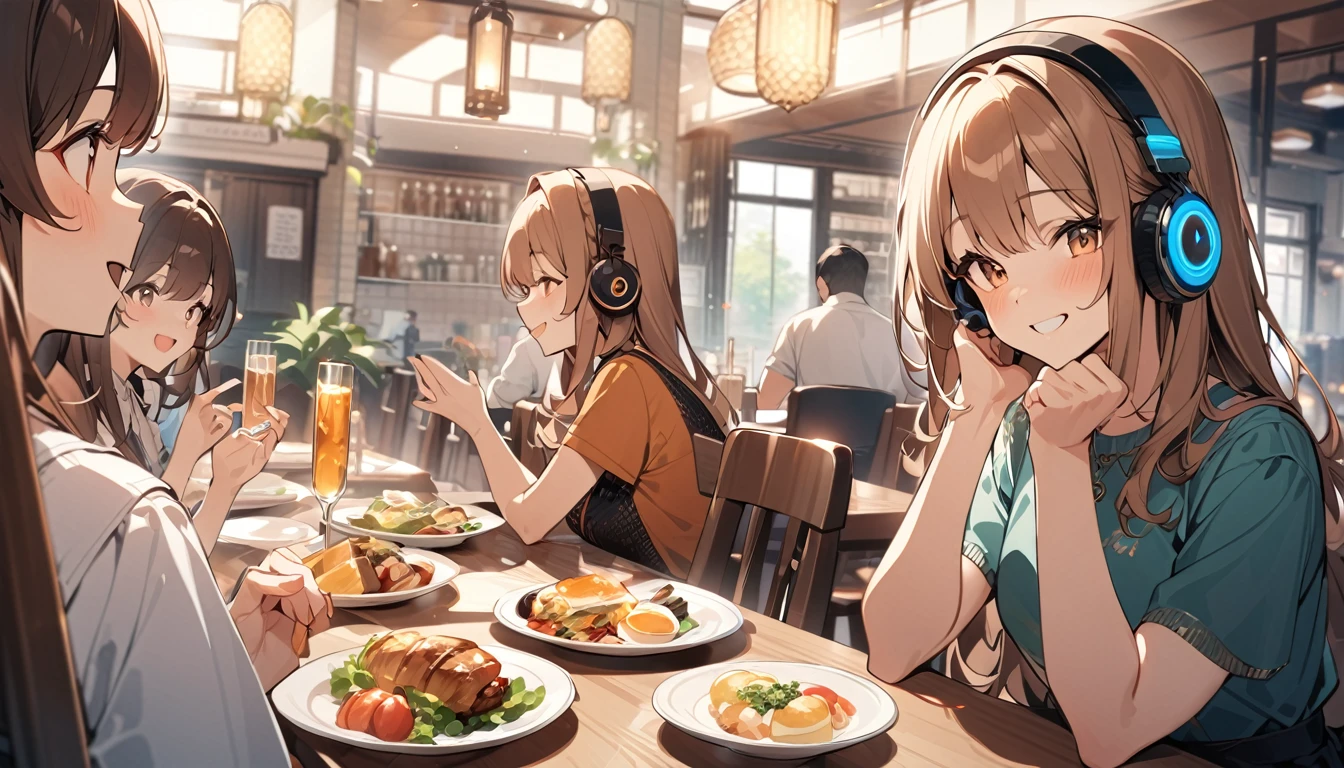 (Brown-haired girl wearing headphones), (Lunch with friends at a restaurant), (Very detailed, masterpiece, Highest quality, bright), (Anime Style)
background: Stylish restaurant look: Smiling costume having fun talking with friends: Cute casual dress pose: Sitting around the table、Scene of talking while moving hands: A fun lunch filled with laughter
