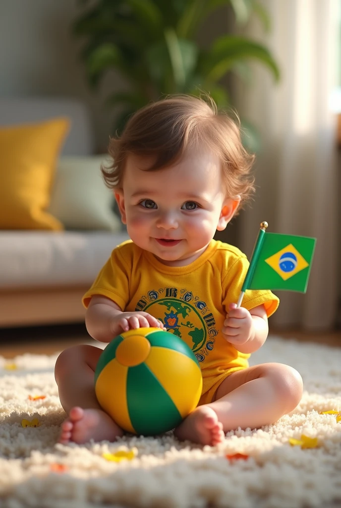Baby sitting in a Brazilian bodysuit with a ball and a flag in his hand 