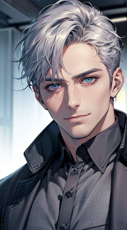 (best quality,4k,8k,highres,masterpiece:1.2),ultra-detailed,(realistic,photorealistic,photo-realistic:1.37),1 man,31 years old,mature man,very handsome,without expression,smile,short silver hair,blue eyes,penetrating gaze,perfect face without errors,imposing posture,businessman,office background,cinematic lighting,hdr image