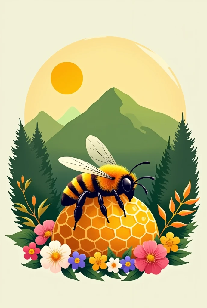 Create a logo featuring a cheerful, ultra-realistic bee lying on its back, sorrindo caloPinkmente. The bee is positioned above a centralized honeycomb, which serves as a focal point. Behind the honeycomb, a vibrant green mountain range stretches out in the background, adding a natural and organic touch to the design. Around the scene are blooming flowers in shades of yellow, Pink, purple and white, in addition to lush trees that enhance the connection with nature. The overall color palette combines warm honey tones, bright yellows for the bees, rich greens for the mountains and vibrant floral colors to create a fresh and lively atmosphere.