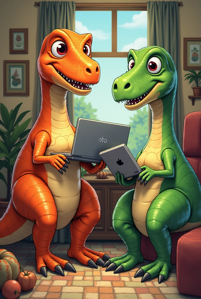 Drawing of an orange Velociraptor and a green Brachiosaurus roasting computers each in their homes