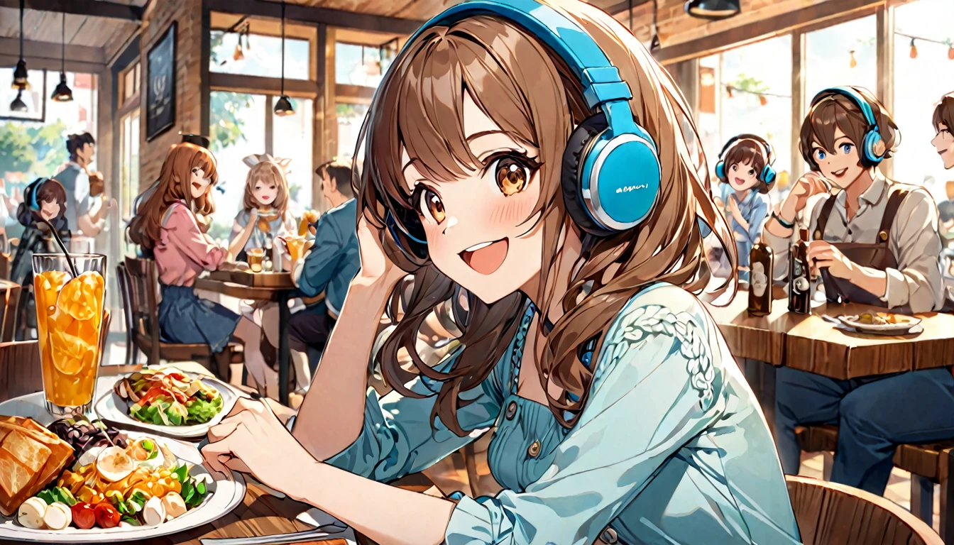 (Brown-haired girl wearing headphones), (Lunch with friends at a restaurant), (Very detailed, masterpiece, Highest quality, bright), (Anime Style)。One person。
background: Stylish restaurant look: Smiling costume having fun talking with friends: Cute casual dress pose: Sitting around the table、Scene of talking while moving hands: A fun lunch filled with laughter
