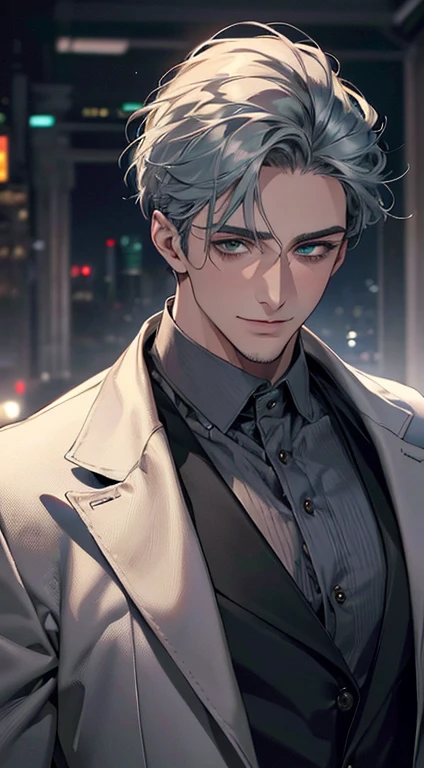 (best quality,4k,8k,highres,masterpiece:1.2),ultra-detailed,(realistic,photorealistic,photo-realistic:1.37),cinematic lighting,1:4 hdr image,a mature man, 29 years old,very handsome,cold expression smile in love, short grey blue hair, green eyes,flawless face,buttoning his jacket,CEO