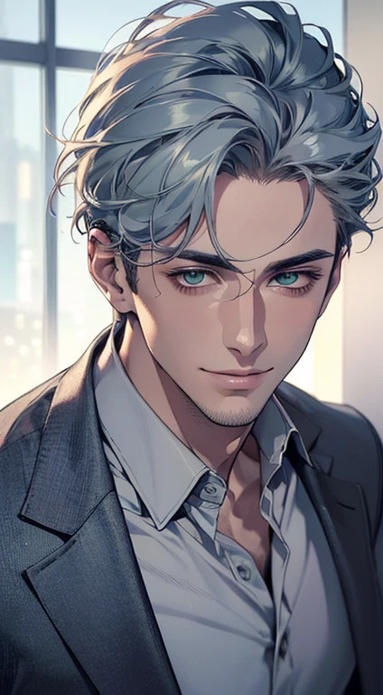 (best quality,4k,8k,highres,masterpiece:1.2),ultra-detailed,(realistic,photorealistic,photo-realistic:1.37),cinematic lighting,1:4 hdr image,a mature man, 29 years old,very handsome,cold expression smile in love, short grey blue hair, green eyes,flawless face,buttoning his jacket,CEO