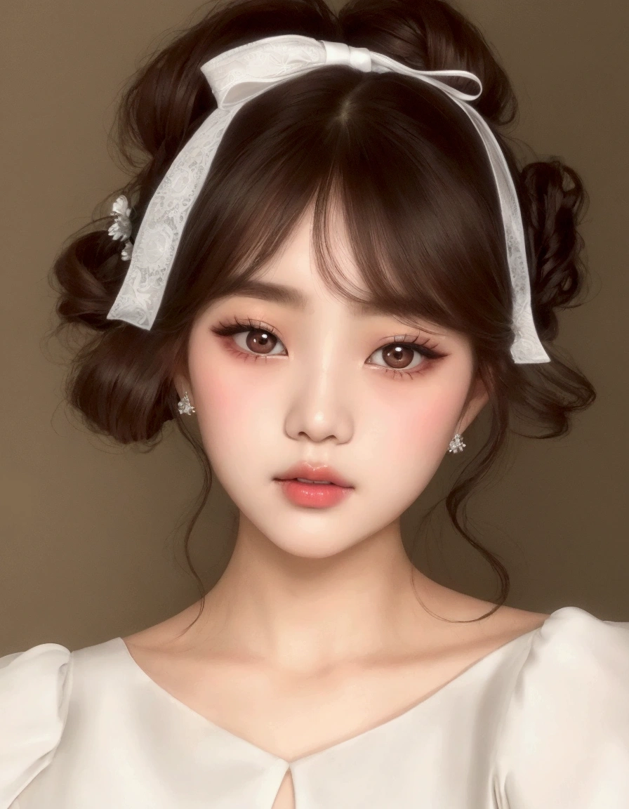 Woman with a white bow on her head and a white dress, South Korean popular makeup, popular korean makeup, ulzzang, sakimichan, beautiful south korean woman, korean girl, korean face features, korean symmetrical face, Young adorable korean face, Sexy face with full makeup, korean woman, beautiful young korean woman, pale korean adorable face
