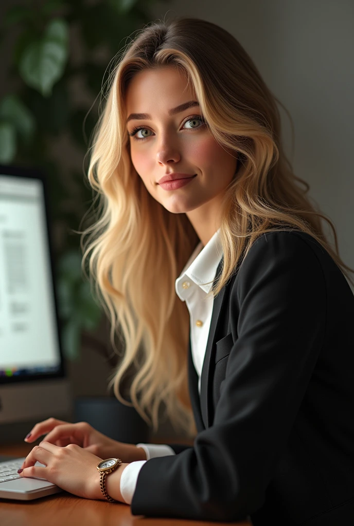 une belle fille aux longs cheveux blonds, detailed eyes, nose, and lips, porter une tenue professionnelle, assise dans son bureau, en utilisant son ordinateur, ordinateur HP (best quality,4K,8k,high resolution,head of'artwork:1.2),ultra-detailed,(realistic,photorealistic,photo-realistic:1.37),HDR,studio lighting,Highly detailed face and body, portrait,Cinematic lighting,Dramatic lighting,warm color tones,couleurs dramatiques