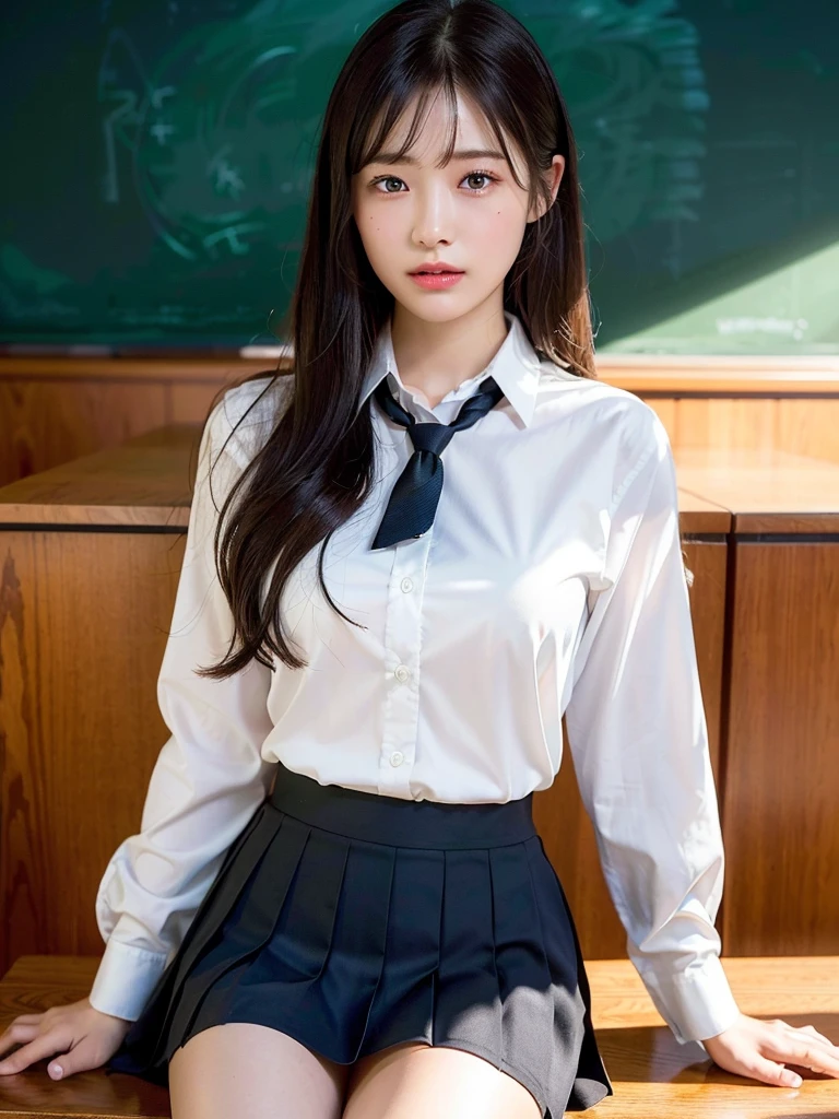 (masterpiece:1.3), (8k, Realistic, RAW Photos, Best image quality: 1.4), (Random Hairstyles:1.2)、(Highly detailed face)、Attention to detail、double eyelid、(Dark Eyes),(Sharp focus:1.2)、((whole body:1.5)),One Woman、Beautiful woman:1. 4,20-year-old woman、smile,Woman with a perfect body,Beautiful Abs,Chest-length hair、Highest quality、masterpiece、Ultra-high resolution、(Realistic:1.4)、super high quality、Symmetrical face、The face is very realistic、Photo level、8k最高画質はフル、Sebaceous reflex、The face is very realistic、Extremely realistic skin、Realistic light and shadow effects、(Pure and elegant girl),Professional Lighting、((Swayback stance)),(((Beautiful thighs))),(Sexy pose,Seductive pose),Recurve your hips back,Bend your waist,((dance,dance,Dancing)),((School classroom,blackboard)),((Underarm)),(((School Uniform:1.3,skirt,White shirt with open buttons))),((Loose tie)),(((Sit at a desk))),Panties are slightly visible