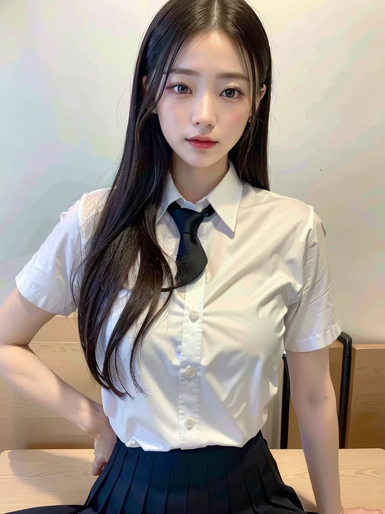 (masterpiece:1.3), (8k, Realistic, RAW Photos, Best image quality: 1.4), (Random Hairstyles:1.2)、(Highly detailed face)、Attention to detail、double eyelid、(Dark Eyes),(Sharp focus:1.2)、((whole body:1.5)),One Woman、Beautiful woman:1. 4,20-year-old woman、smile,Woman with a perfect body,Beautiful Abs,Chest-length hair、Highest quality、masterpiece、Ultra-high resolution、(Realistic:1.4)、super high quality、Symmetrical face、The face is very realistic、Photo level、8k最高画質はフル、Sebaceous reflex、The face is very realistic、Extremely realistic skin、Realistic light and shadow effects、(Pure and elegant girl),Professional Lighting、((Swayback stance)),(((Beautiful thighs))),(Sexy pose,Seductive pose),Recurve your hips back,Bend your waist,((dance,dance,Dancing)),((School classroom,blackboard)),((Underarm)),(((School Uniform:1.3,skirt,White shirt with open buttons))),((Loose tie)),(((Sit at a desk))),Panties are slightly visible