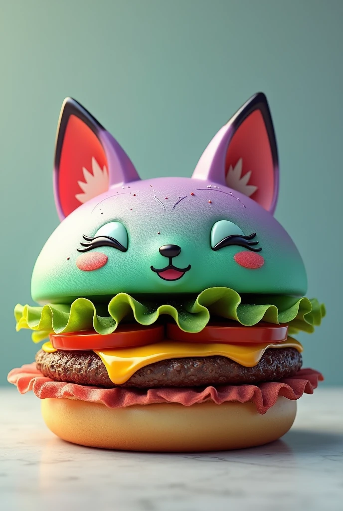 Realistic hamburger with green and lilac color on the bun and in some details and with a fox theme 
Put cheese and sauce, make the meat in a juicy appearance
