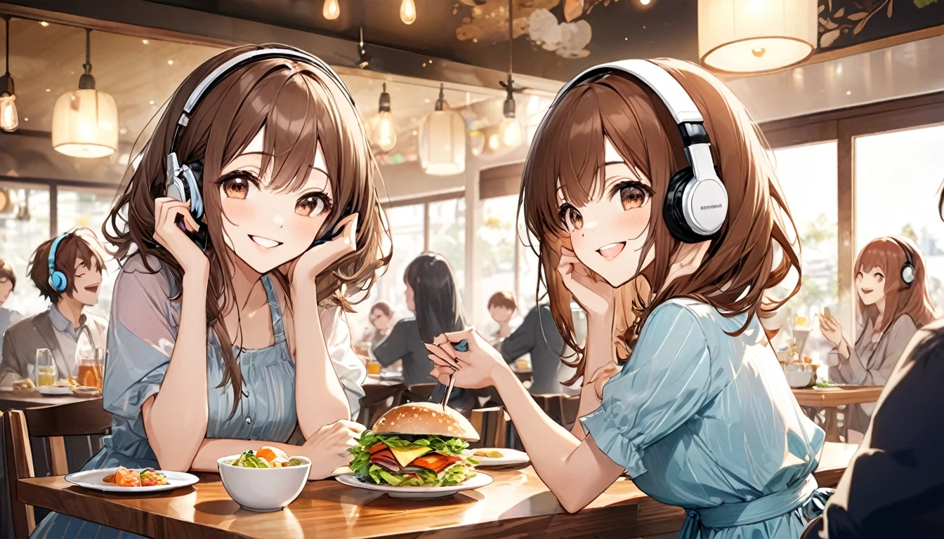 (Brown-haired girl wearing headphones), (Lunch with friends at a restaurant), (Very detailed, masterpiece, Highest quality, bright), (Anime Style)。One person。
background: Stylish restaurant look: Smiling costume having fun talking with friends: Cute casual dress pose: Sitting around the table、Scene of talking while moving hands: A fun lunch filled with laughter
