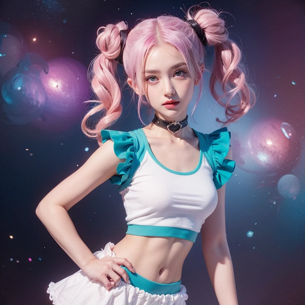 A teal-blue eyed girl. dark-purple twin buns.White twin Srunchies with Pink trimmings. round twin buns.Long curly strands of hair by her neck and sides of each ears. Wearing a detached, ruffles vermillon sleeves, a white tank top with pink hearts coverings, leather dark brown chocker with spheres radiating blue energy swirls around her