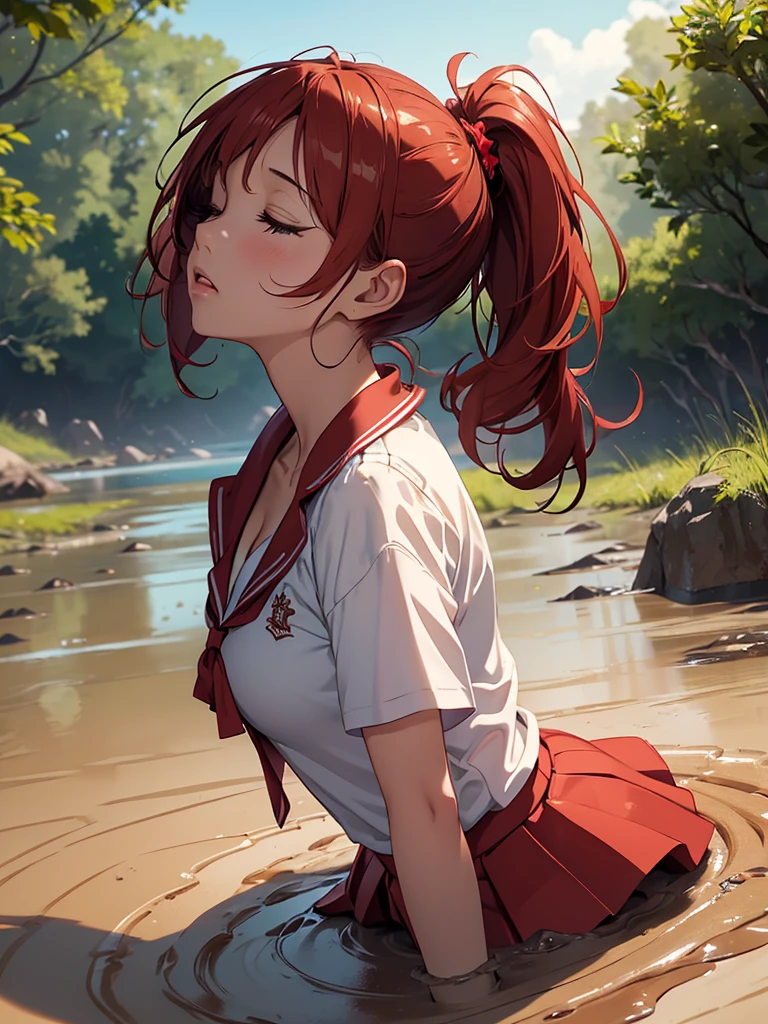 1girl, solo, masterpiece, best quality, high res, highly detailed, (illustration), beautiful detailed eyes, yuigahama yui, red hair ponytail, glossy lips, light makeup, orgasm, (looking up:1.5), eyes closed, school shirt, red skirt, cleavage, (quicksand:1.4), (from side:1.5), bog, swampy