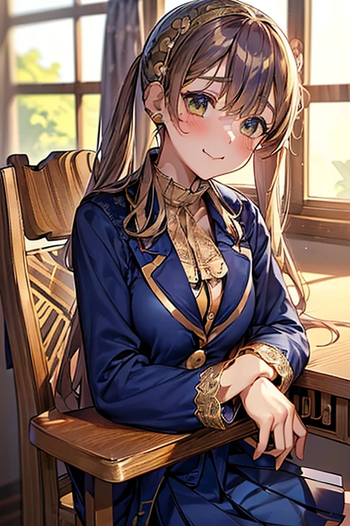 nsfw、Professional Lighting、angle、Cowboy Shots、Sit down、Schoolで、Chair、stylish、One girl、Captivating smile、blush、(Open your mouth: 0.8)、Green Eyes、look、Viewer、Brown Hair、Long Hair、Twin tails、Curvy、Medium breast、((Navy Blue Blazer:1.8))、(White long sleeve blouse:1.4、Lace collar、Gold Button、胸ポケットのSchoolエンブレム、Navy and white checked pleated skirt:1.5)、またがりChair(No underwear:1.5)、(Pussy、clitoris:1.2)、(indoor:1.2)、School、classroom、SchoolのChair、Schoolの机、blackboard、window、(masterpiece、Super fine、Highest quality:1.5)、(High resolution:1.5)、(beautiful、Cute Face、beautiful詳細な目:1.3)、Glowing Skin、Shiny Hair、