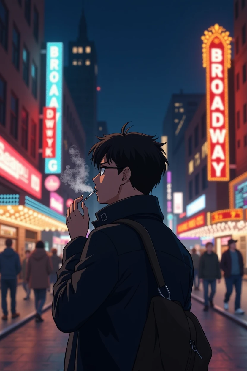 A man smoking a cigarette in front of Broadway at night anime