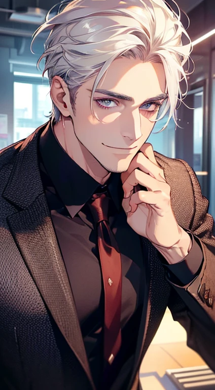 (best quality, masterpiece, 8K, photorealistic, cinematic lighting, hdr image, ultra detailed, beautiful image), 1 man, 31 years old, mature man, very handsome, (without expression, smile), short white hair, purple eyes ( penetrating gaze), perfect face without errors, imposing posture, without errors, businessman, office background