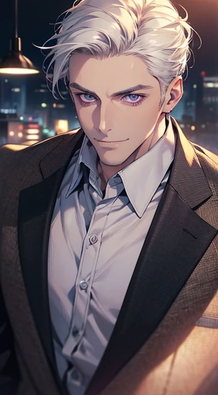 (best quality, masterpiece, 8K, photorealistic, cinematic lighting, hdr image, ultra detailed, beautiful image), 1 man, 31 years old, mature man, very handsome, (without expression, smile), short white hair, purple eyes ( penetrating gaze), perfect face without errors, imposing posture, without errors, businessman, office background