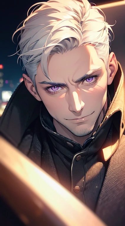 (best quality, masterpiece, 8K, photorealistic, cinematic lighting, hdr image, ultra detailed, beautiful image), 1 man, 31 years old, mature man, very handsome, (without expression, smile), short white hair, purple eyes ( penetrating gaze), perfect face without errors, imposing posture, without errors, businessman, office background