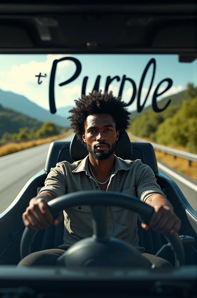 Afro male driving a Benz truck on the highway with the word Tj Purple written on the Background