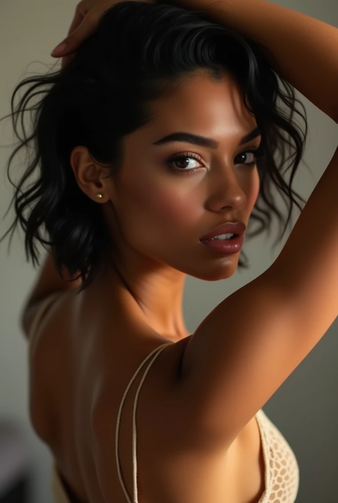 a beautiful picture of zendaya, masterpiece, photorealistic, woman, detailed, backlighting, light, RAW color photo,(fully in frame:1.1), detailed skin texture, (blush:0.5), (goosebumps:0.5), one arm up, black hair, bedroom, full body, (((Nude)))