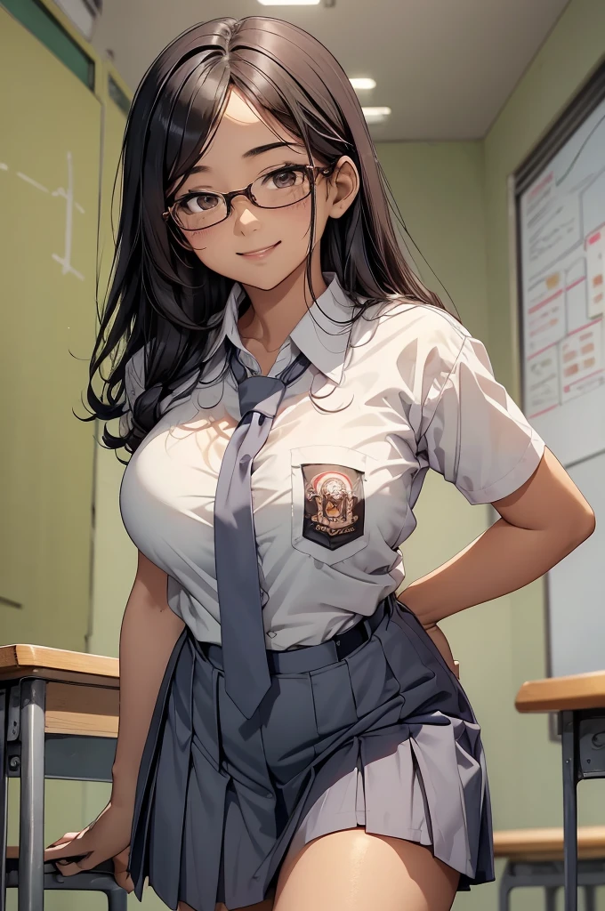 1 woman, 17 years old, black curly hair, plump body, brown eyes, Indonesian high-school uniform, wearing glasses, necktie, cleavage, white shirt, osis logo on shirt pocket, natural big breasts, light-grey pleated skirt, full body shot, smiling, in the classroom.