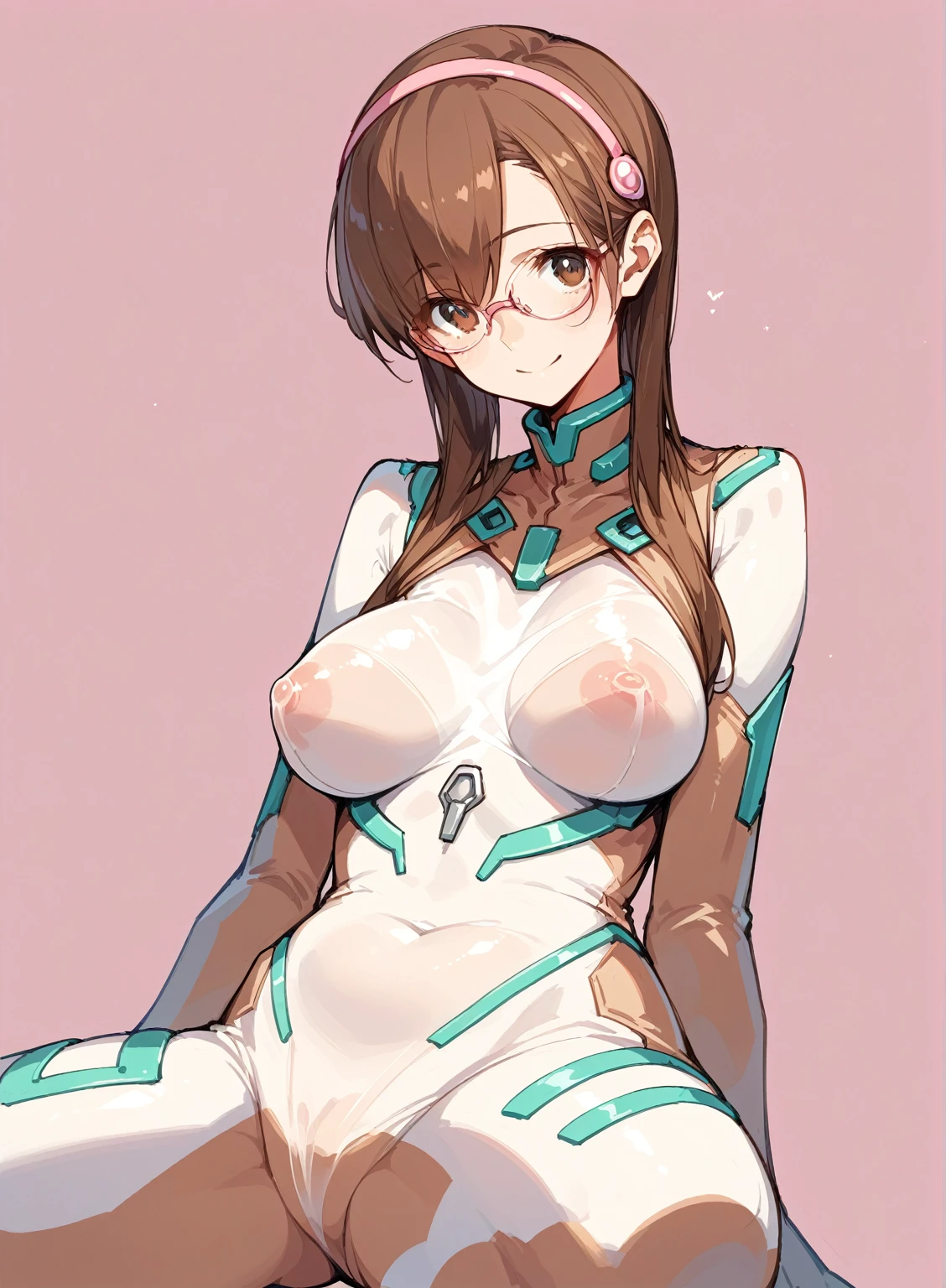 （Shiny）,（Highest quality）,（8k）,See-through crotch area,Transparent Mansuji,Shape of the crotch area,Nihil,pink rimmed glasses,Shiny股間部,Shiny太腿,smile,Shiny bodysuit,Shinyシースルーボディスーツ,Latex suit,Beige chest,Transparent see-through chest,beige sheer crotch，Pink accents,Dark beige bodysuit,Brown Hair,Pink accessories,An anime girl with large breasts sitting on a chair with her chest exposed, Biomechanical Boobs, BoobsCyberpunk, White color see-through Asuka suit!, Makinami,  High resolution consignment,