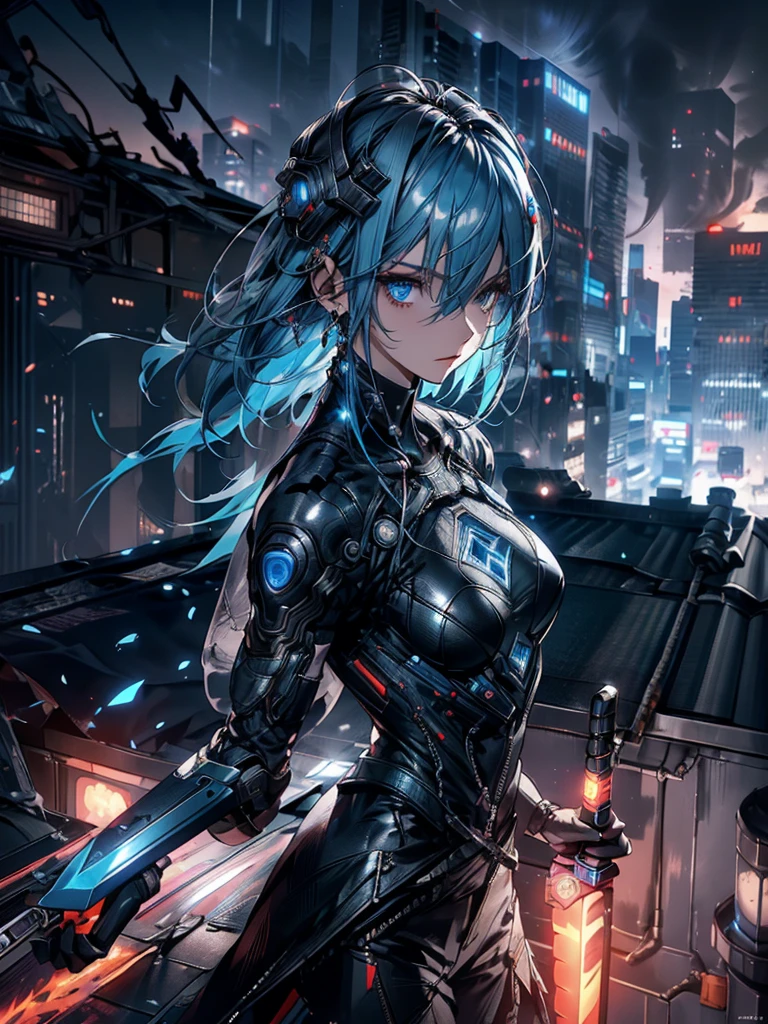 absurdes, RAW Photos, Very delicate and beautiful, masterpiece, Highest quality, Ultra-high resolution, 32K, surreal, Very detailed, cyberpunk world、20-year-old, Delicate facial features,, Earrings, Medium chest, Full Body Shot, Shorten the middle part of the hair, Beautiful Blue Hair, , short Hairstyles、Cyber Tech Suit with realistic texture、The fabric is thin,City background.(night、Rooftop of a burning building:1.5)
Hair in front of eyes, Blue Hair/Light blue hair, Hair that falls over the shoulders, (Carrying a weapon、have a weapons:1.2)