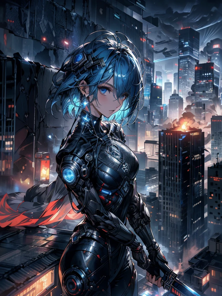 absurdes, RAW Photos, Very delicate and beautiful, masterpiece, Highest quality, Ultra-high resolution, 32K, surreal, Very detailed, cyberpunk world、20-year-old, Delicate facial features,, Earrings, Medium chest, Full Body Shot, Shorten the middle part of the hair, Beautiful Blue Hair, , short Hairstyles、Cyber Tech Suit with realistic texture、The fabric is thin,City background.(night、Rooftop of a burning building:1.5)
Hair in front of eyes, Blue Hair/Light blue hair, Hair that falls over the shoulders, (Carrying a weapon、have a weapons:1.2)