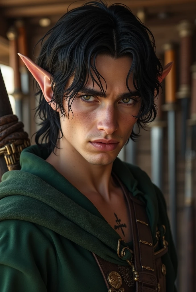 A half elf, male, 27 year old, with black hair, one green eye and one brown eye, in a medieval weapons shop