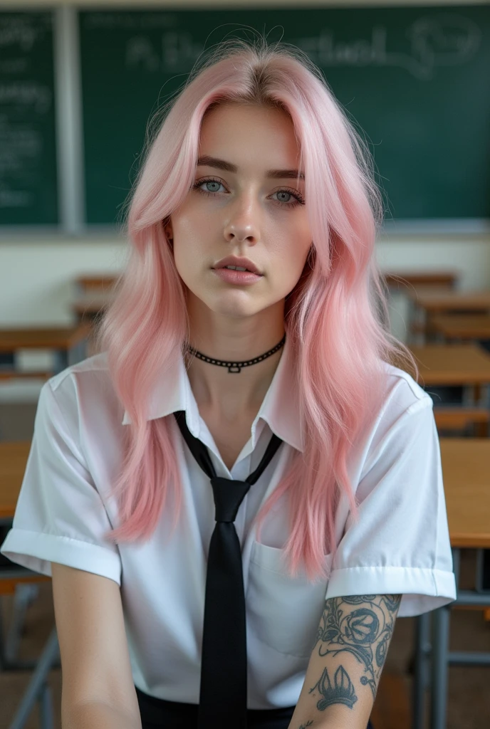 a young woman sitting in what appears to be a classroom setting. He has long pastel pink hair and is wearing a shirt with a tie., which adds a formal yet youthful touch to your appearance. His gaze is directed towards the viewer, with a calm and introspective expression, that together with his slightly parted lips, adds to your contemplative attitude. His most notable features include the tattoo visible on his neck, what does it say "Free Spirit" in a delicate handwriting, and another intricate tattoo on his arm, which suggests a mix of elegance and nervousness in his character. the bottom, although slightly blurry, clearly shows traditional classroom elements, like desks and blackboards, that contrast with its modern and somewhat rebellious aesthetic. This juxtaposition evokes a sense of individuality and defiance compared to conventional environments.