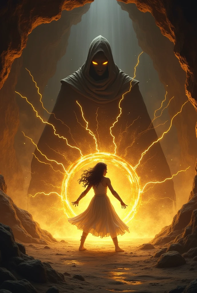 A dynamic scene in the cavern, where Aline confronts a humanoid Shadow. The Shadow is a dark, menacing figure, with eyes glowing with malice. Aline creates a protective barrier around herself, while bolts of magical energy fly in all directions. Aline's golden light contrasts sharply with the darkness of the Shadow, illustrating the conflict between light and darkness.